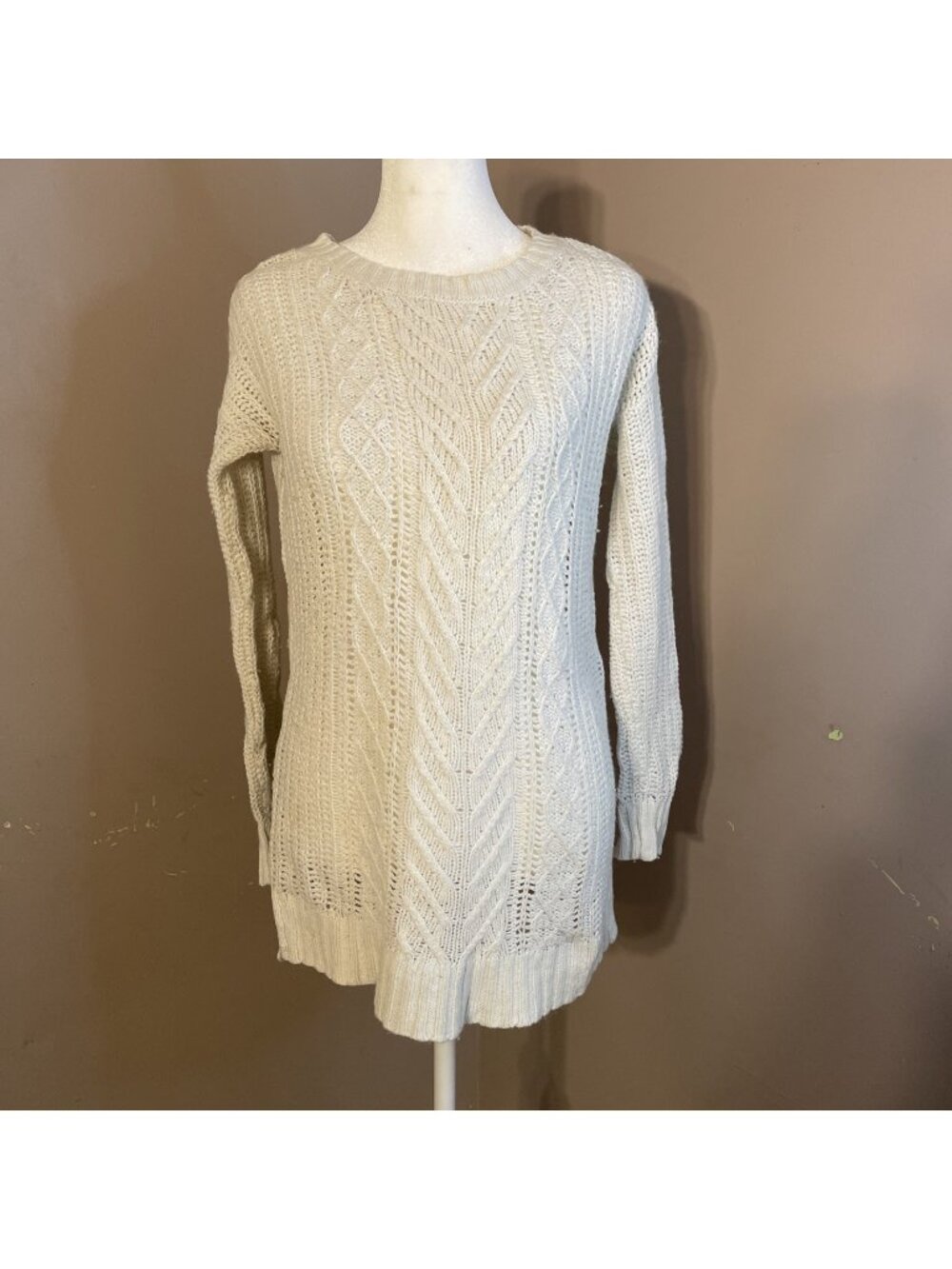 Aerie Cable Knit Sweater White Crew Neck Long Sleeve Pullover Long Knit Sz XS